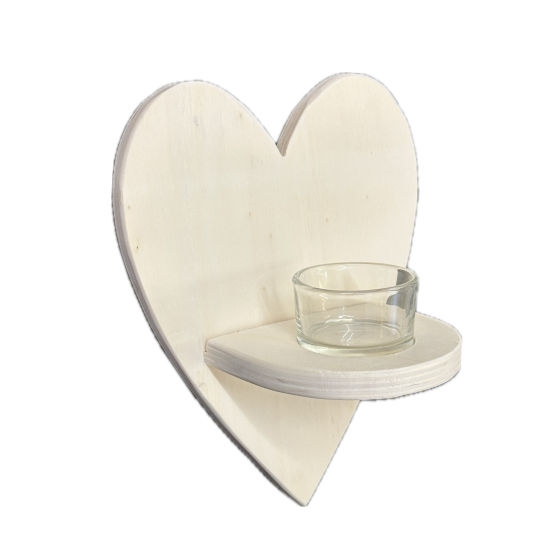 20cm Wooden Heart Plaque Shelf with Glass Tealight Holder - Wall Candle - Valentines Gift