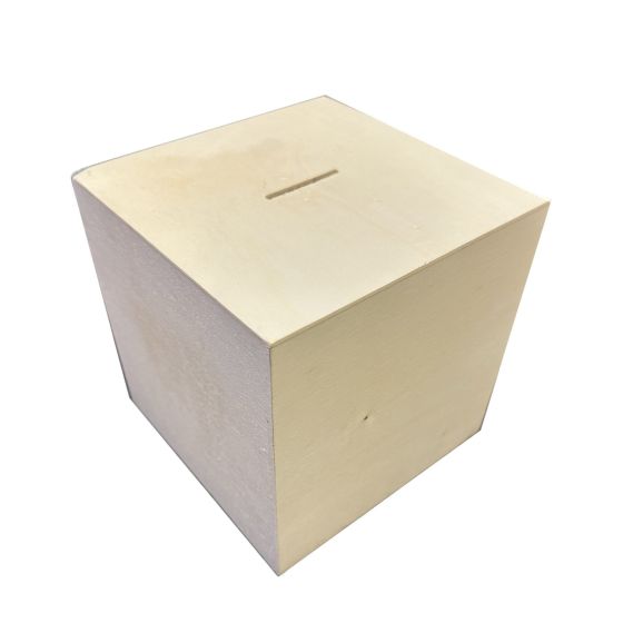 Plain Wooden Large 15cm Cube Shaped Kids Money Box