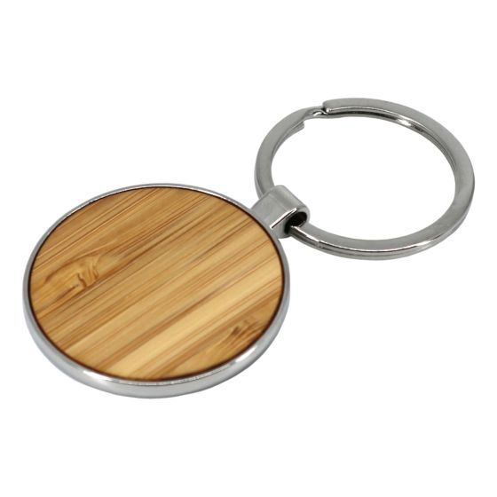 Luxury Round Bamboo Keyring with Metal Casing