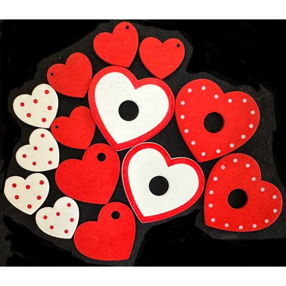 Pack of Red and White Craft Wooden Love Heart Shapes with Holes - Wedding or Valentine's Party Table Decoration