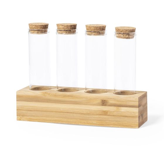 SALE - Plain Bamboo Spice Rack Set with 4 Glass Test Tube Bottles - Mini Flower Display Gift - Eco Friendly