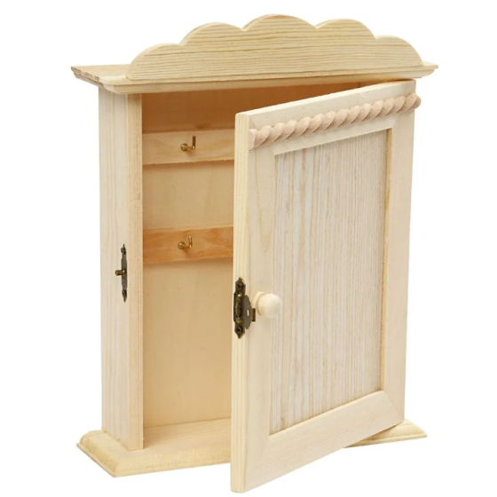 Small Solid Pine Wooden Key Rack or Storage Cabinet with Hanging Hooks - 22cm Tall