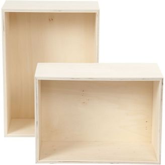 Pair of Plain Wooden Rectangular Storage Crates Boxes or Caddies - Strong Plywood